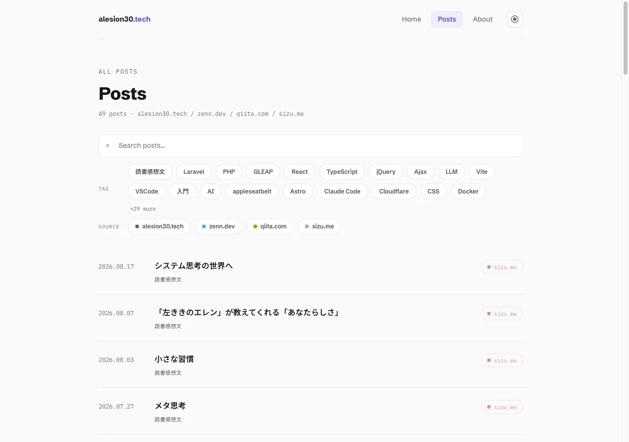 Postsページの絞り込みUI。検索ボックス、タグのチップ、掲載先のフィルタが並んでいる